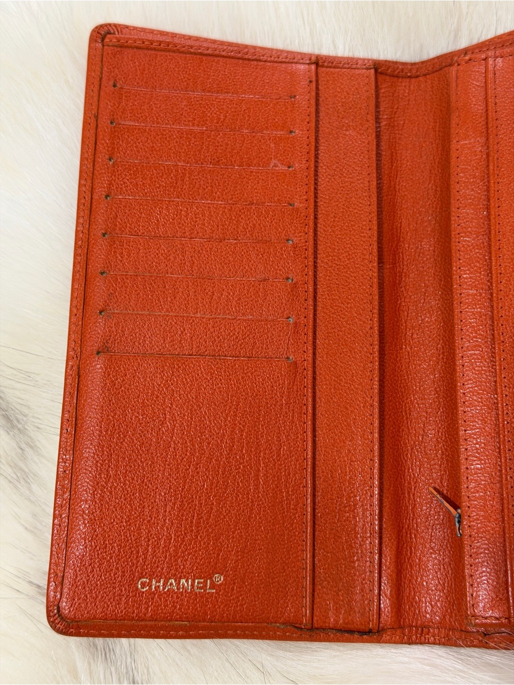 CHANEL Orange Calfskin Leather Bi Fold Long Slim Wallet W/ AUTHENTICITY CARD EUC - Picture 6 of 16